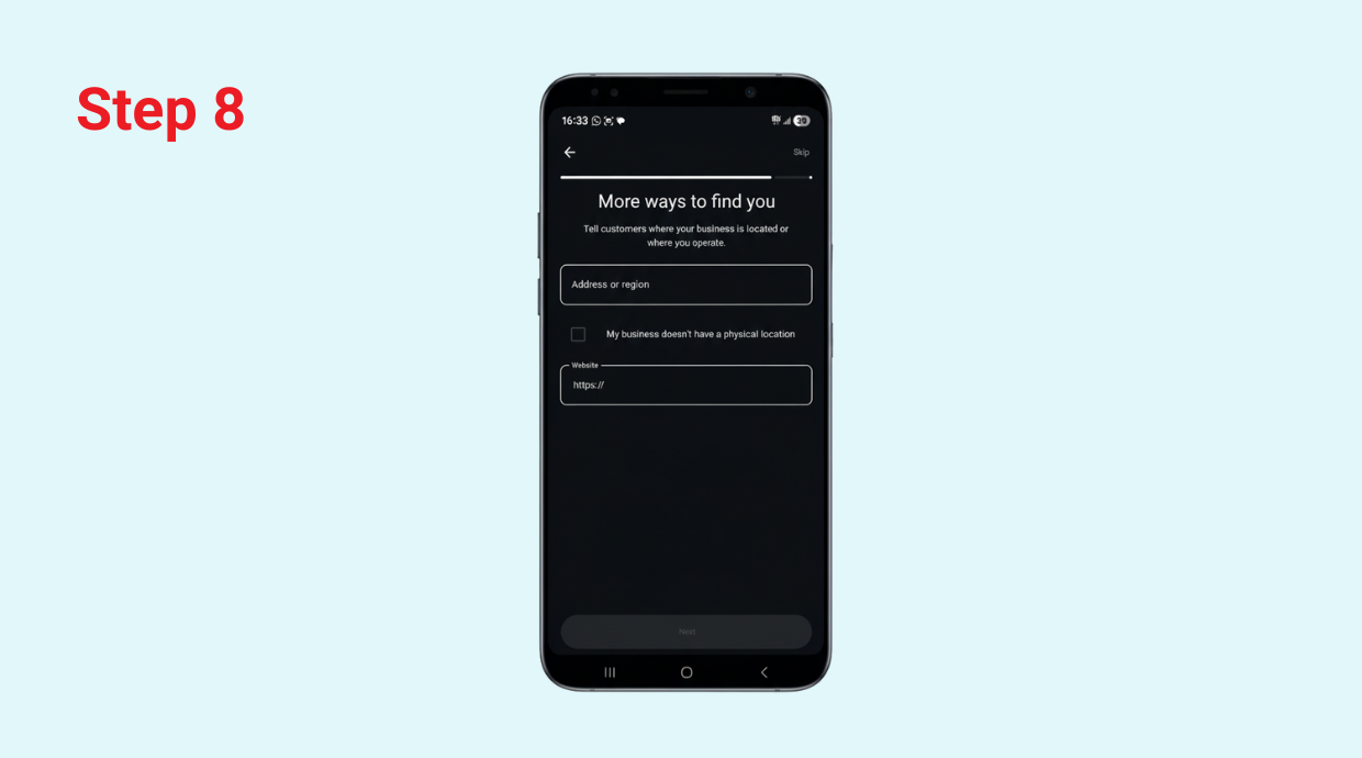 WhatsApp Business how to add address and website url